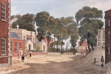 Vista do Whitehall Yard, ilustração de &39;R. Repositório de Artes de Ackermann &39;1811 (gravura a cores)
